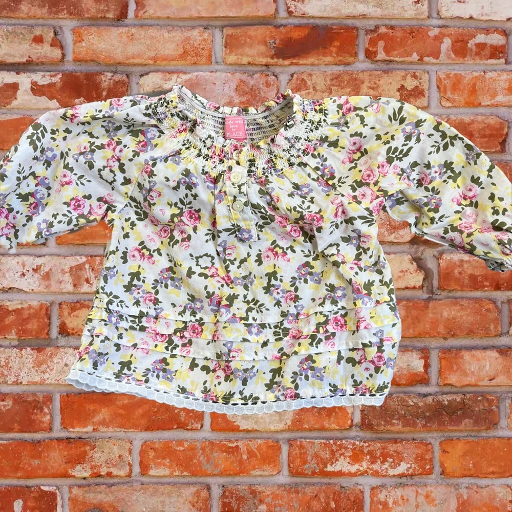 White Floral Shirt with Smocked Neck and Ruffle Bottom, 3-6 months